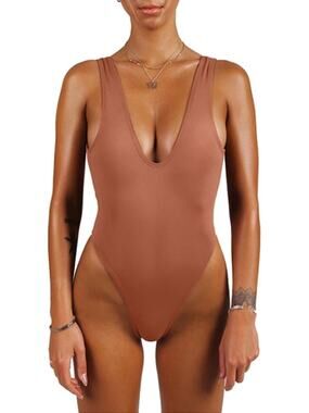 Sofsy High Cut Low Back One Piece Swimsuit Tan Size XXL